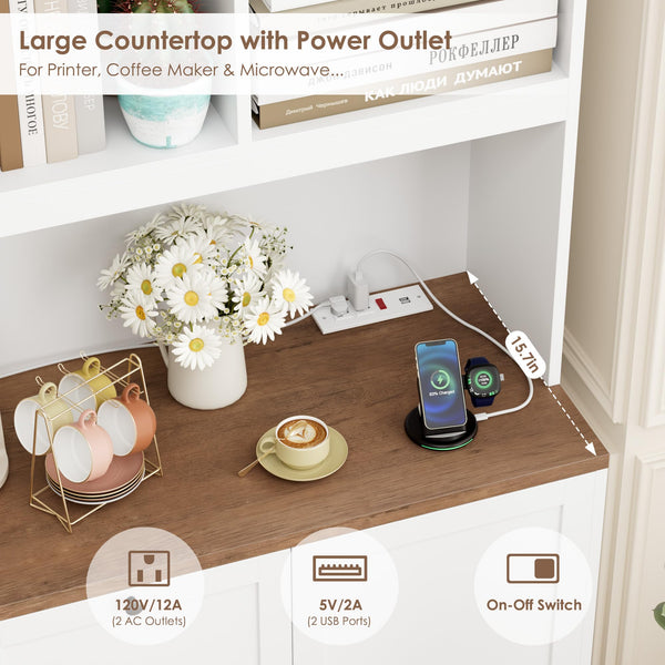 72-Inch Tall Bookcase with Power Outlet, File Drawers & Cabinet Doors