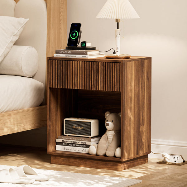 Fluted Nightstand Set of 2 with Charging Station