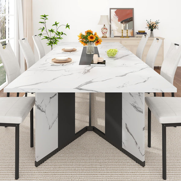 7-Piece Dining Table Set with 6 Leather Chairs – Farmhouse Rectangular Kitchen Table