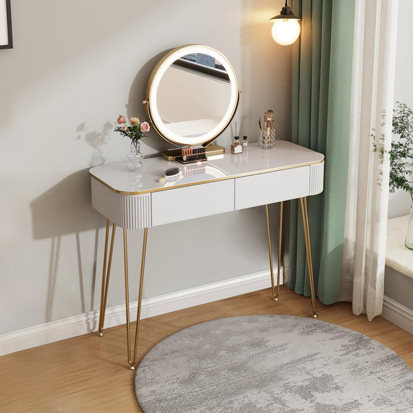 Small Vanity Desk Set with Round Mirror & LED Lights