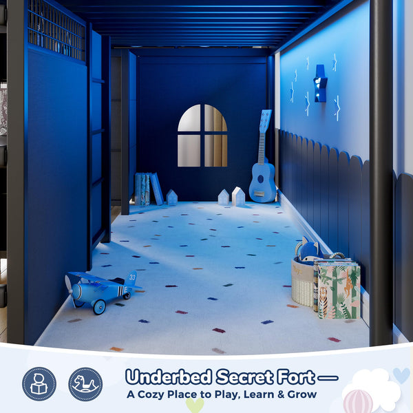 Kids Twin Low Loft Bed with Storage Drawers, Desk & LED Lights