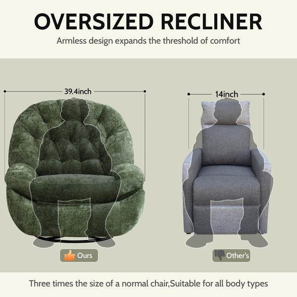 Oversized Swivel Rocker Recliner Chair with Phone Holder – Chenille Fabric, Green