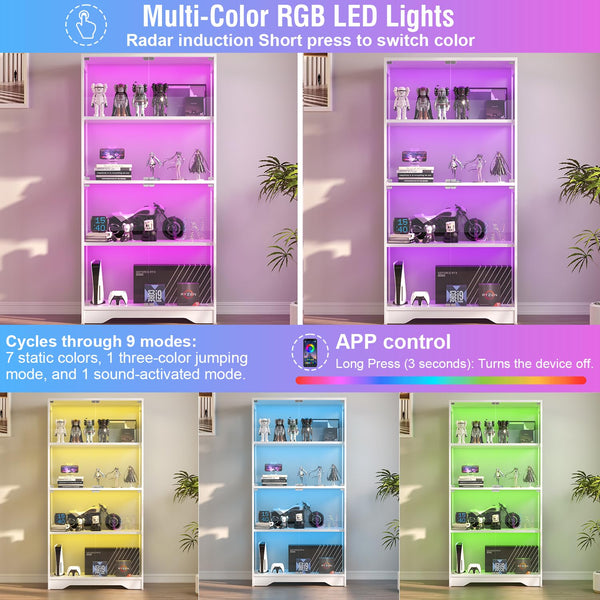 Glass Display Cabinet with LED Lights, 4-Tier Curio Cabinet, 63" Tall