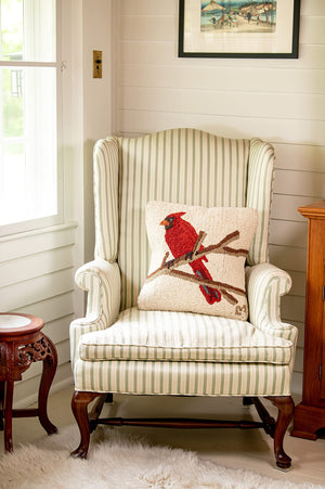 Hand-Hooked Wool Cardinal Throw Pillow 18x18
