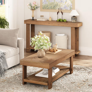 Farmhouse Solid Wood Coffee Table with Storage Shelf