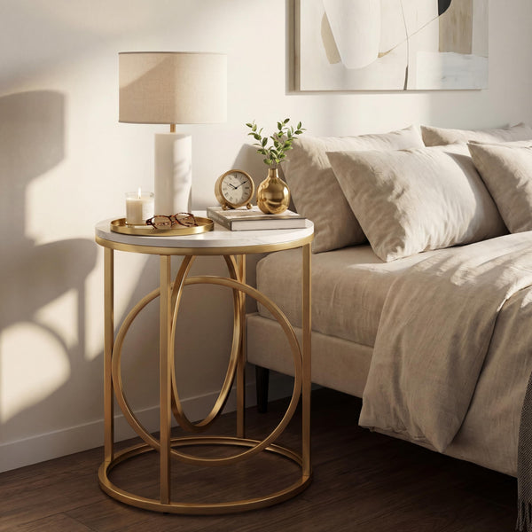 Round End Table Set of 2 with Gold O-Shaped Base