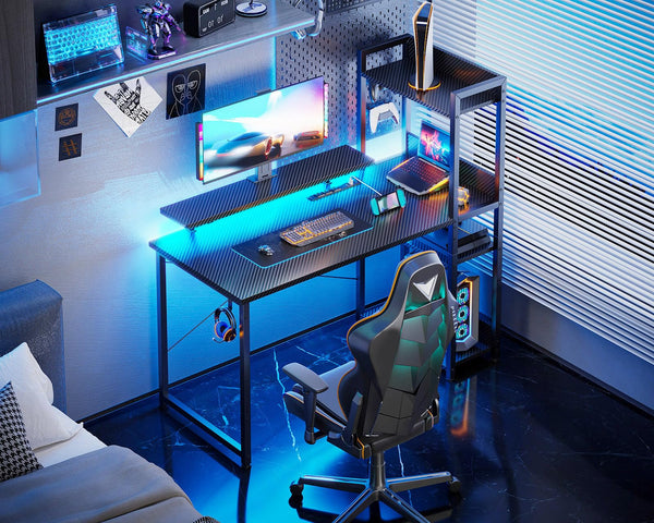 LED Gaming Desk with Storage Shelves & Monitor Stand