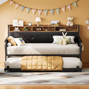 Twin Daybed with Trundle, Upholstered Headboard & Charging Station