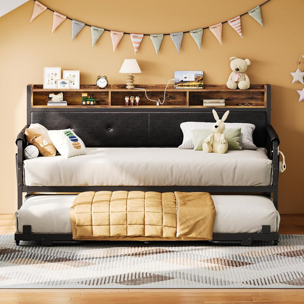 Twin Daybed with Trundle, Upholstered Headboard & Charging Station