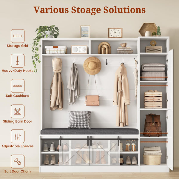 Hall Tree with Bench, Shoe Storage, Coat Rack & Mirror