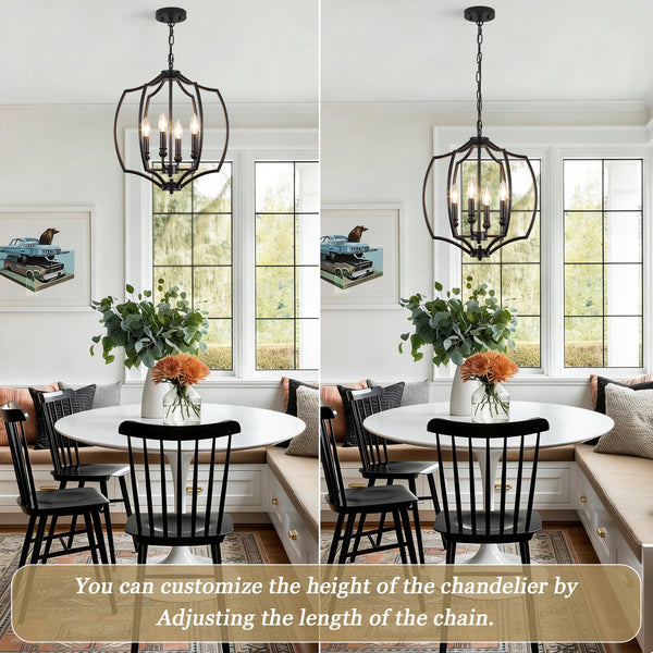 4-Light Black Farmhouse Lantern Chandelier with Geometric Cage