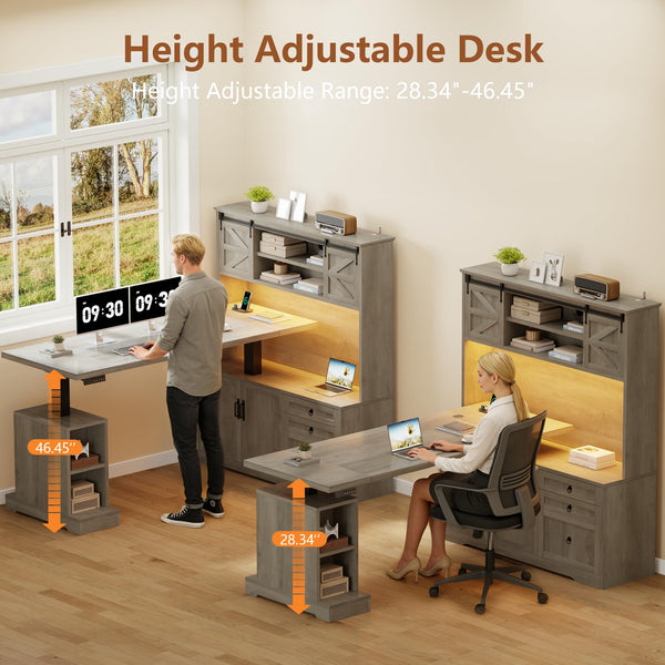 L-Shaped Electric Standing Desk with Hutch