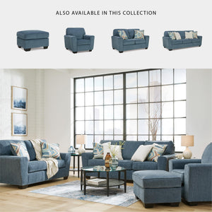 Blue Crosshatched Accent Ottoman with Wood Legs