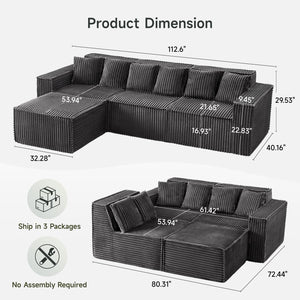 L-Shaped Modular Sectional Sofa – Corduroy, No Assembly