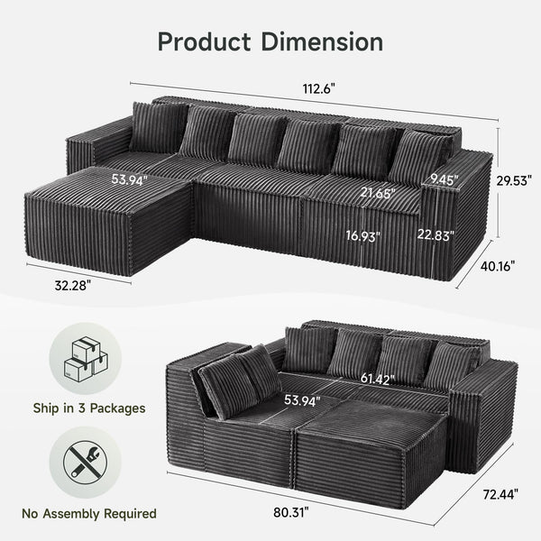 L-Shaped Modular Sectional Sofa – Corduroy, No Assembly