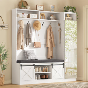 Hall Tree with Bench, Shoe Storage, Coat Rack & Mirror