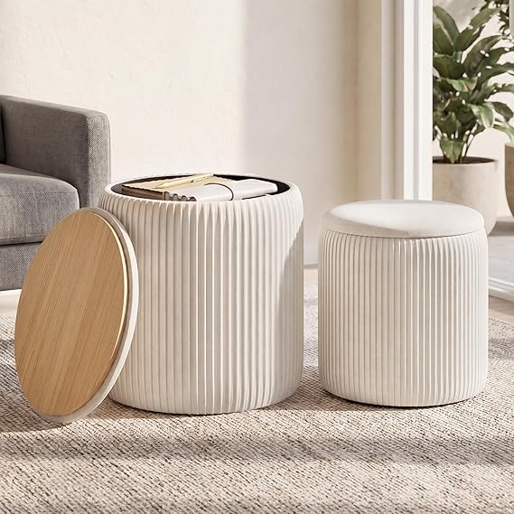 Round Storage Ottoman Set of 2 with Removable Lid