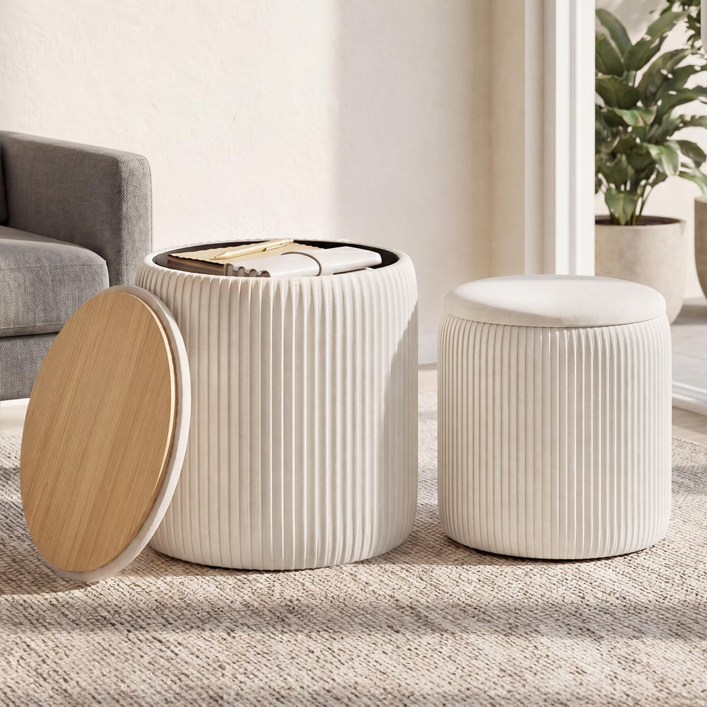 Round Storage Ottoman Set of 2 with Removable Lid — Velvet, Footrest & Vanity Stool