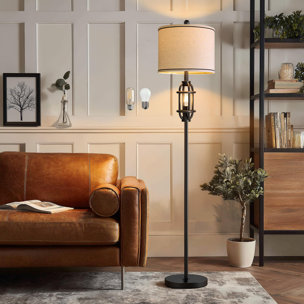 Industrial Floor Lamp with Dual Lights & Linen Shade