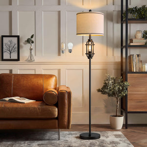 Industrial Floor Lamp with Dual Lights & Linen Shade