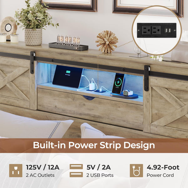 Farmhouse Bed Frame with Storage Headboard, LED Lights & Charging Station