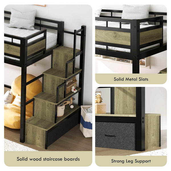 Twin Loft Bed with Storage Stairs & Drawers – Heavy Duty Metal