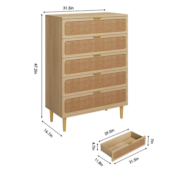 5-Drawer Rattan Dresser with Wide Top