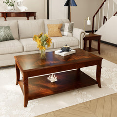 Mid-Century Solid Wood Coffee Table with Carved Legs & Storage Shelf
