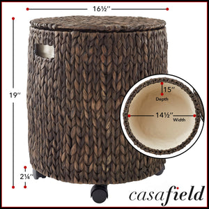 Casafield Round Rolling Storage Basket with Lid - Espresso, Handwoven Water Hyacinth Rolling Hamper Storage Bin on Wheels for Living Room, Bedroom, Bathroom, Laundry