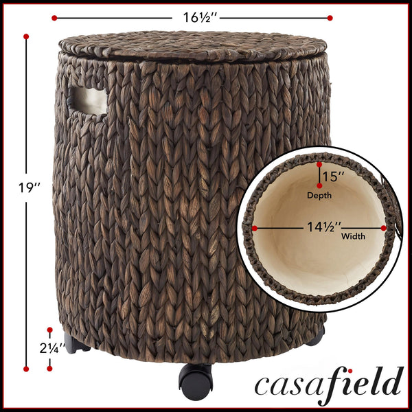 Casafield Round Rolling Storage Basket with Lid - Espresso, Handwoven Water Hyacinth Rolling Hamper Storage Bin on Wheels for Living Room, Bedroom, Bathroom, Laundry