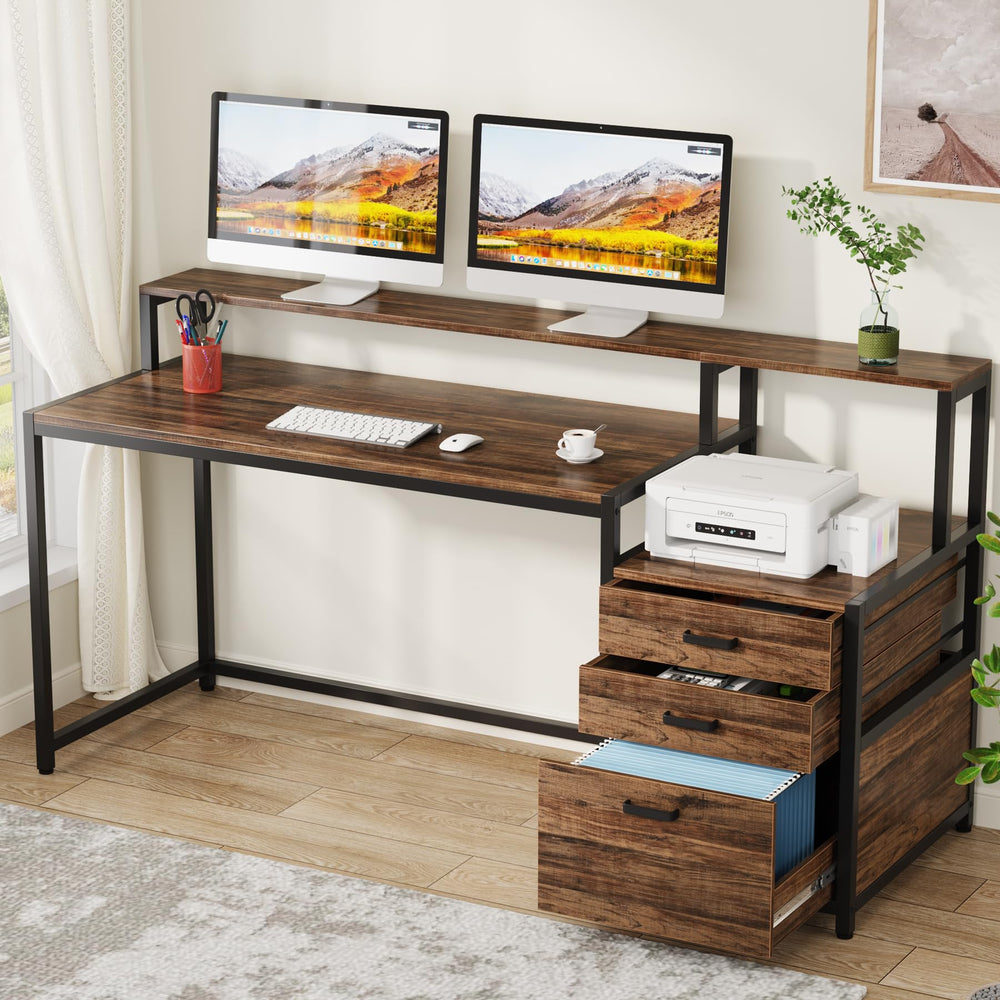 63-Inch Computer Desk with File Cabinet & Monitor Stand