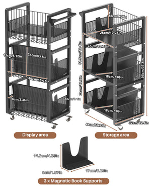 3-Tier Double-Sided Rolling Book Cart with Magnetic Supports