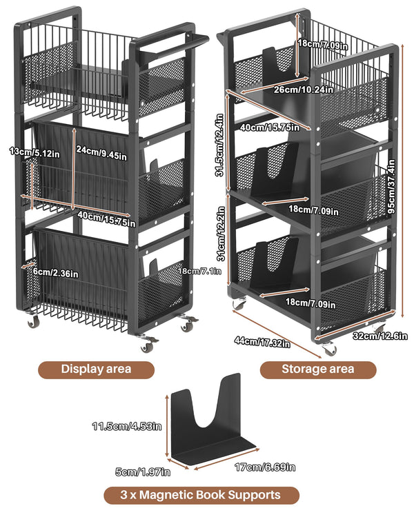 3-Tier Double-Sided Rolling Book Cart with Magnetic Supports