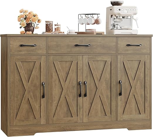55" Farmhouse Buffet Cabinet with Drawers, Doors & Shelves