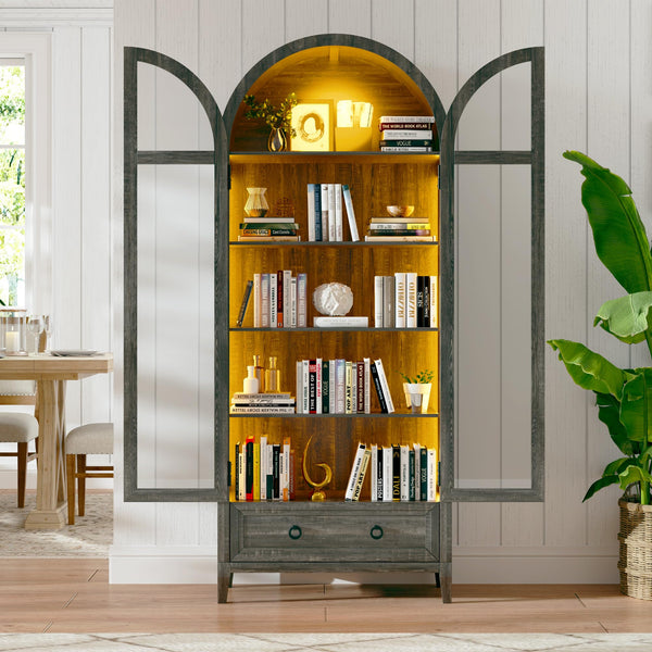 Arch Display Cabinet with Glass Doors, LED Lights & Drawer – 73" Tall