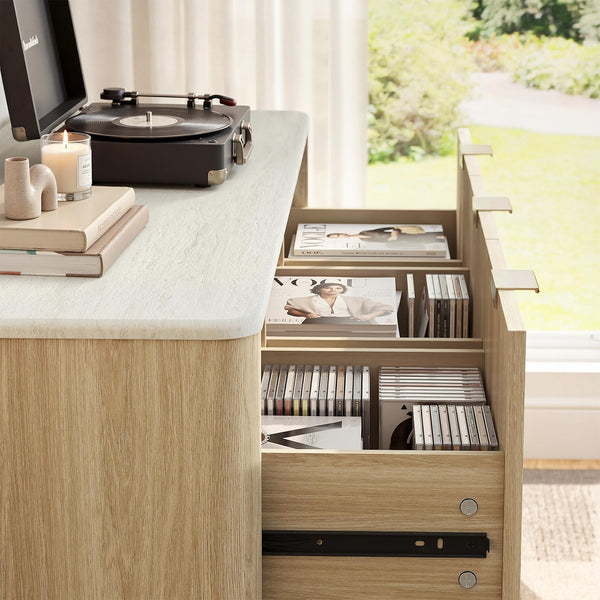 5-Drawer Wide Dresser with Faux Travertine Top