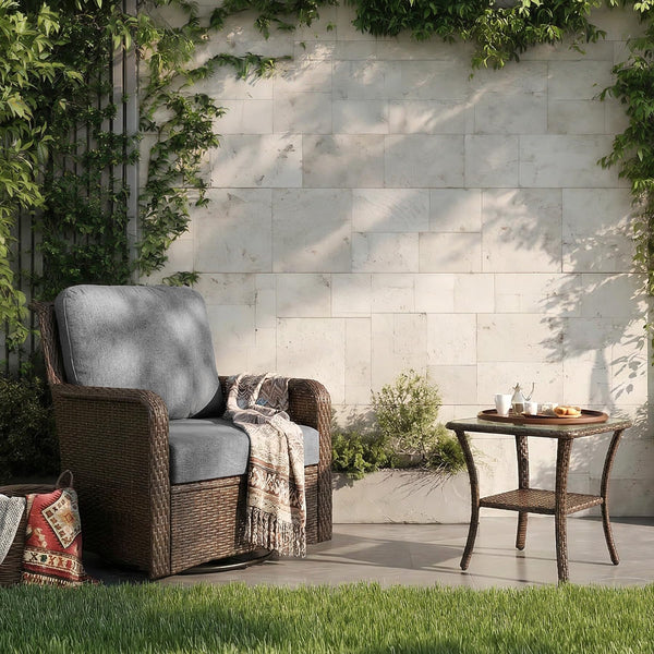 2-Tier Outdoor Wicker Side Table with Tempered Glass Top