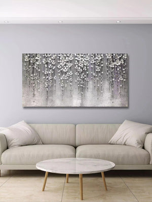 Abstract Oil Painting on Canvas – Silver Flower Wall Art