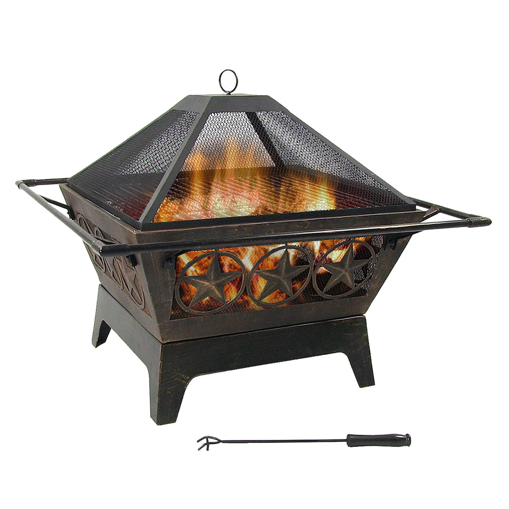 Square Outdoor Wood-Burning Fire Pit with Grill Grate, Spark Screen & Poker