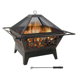 Square Outdoor Wood-Burning Fire Pit with Grill Grate, Spark Screen & Poker