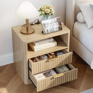 Fluted Nightstand Set of 2 with Charging Station, Drawers & Open Shelves