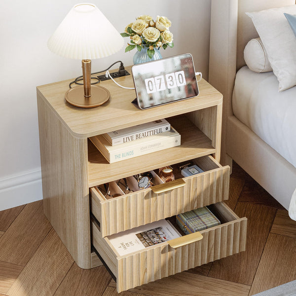 Fluted Nightstand Set of 2 with Charging Station, Drawers & Open Shelves