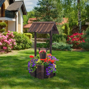 Rustic Wooden Garden Planter Wagon & Wishing Well