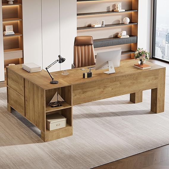 L-Shaped Executive Desk with Storage Cabinets & 2-Tier Shelf
