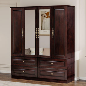 4-Door Solid Wood Armoire Wardrobe with Mirrors & Drawers