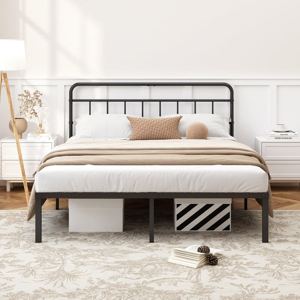 Metal Platform Bed Frame with Minimalist Headboard – 12 Inch Clearance