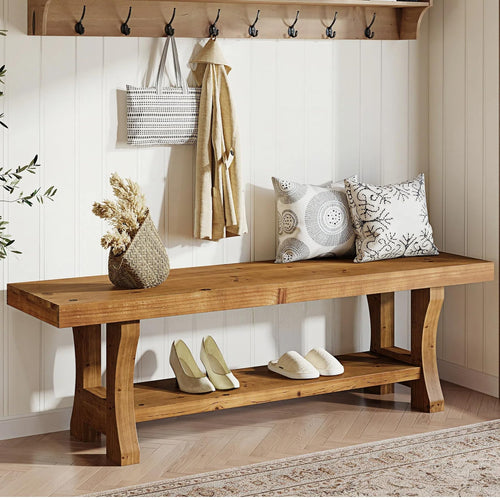 Solid Wood Entryway Bench – 55" Farmhouse Seat