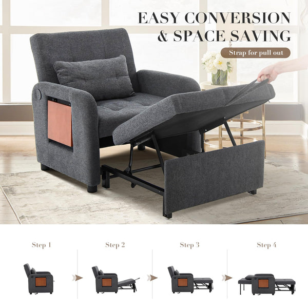 Convertible Sleeper Chair with USB Port & Foldable Table