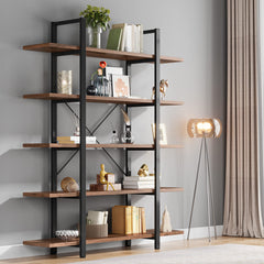 5-Tier Industrial Bookshelf 72" Tall – Metal Frame & Wood Shelves