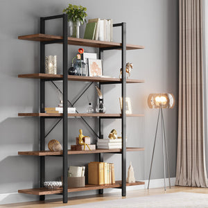5-Tier Industrial Bookshelf 72" Tall – Metal Frame & Wood Shelves